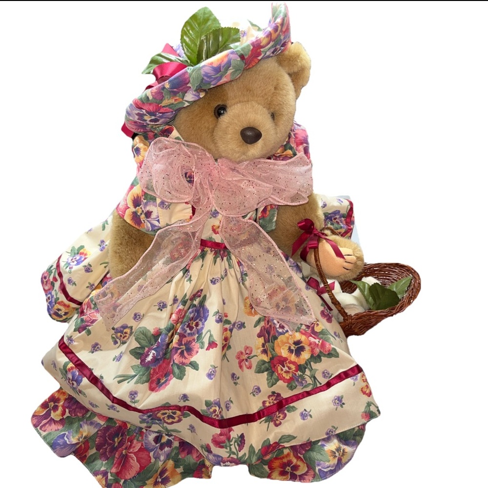 BEARLY PEOPLE Teddy BEAR brown DOLL, Floral Dress Hat Bunny In A Basket, 90s NEW